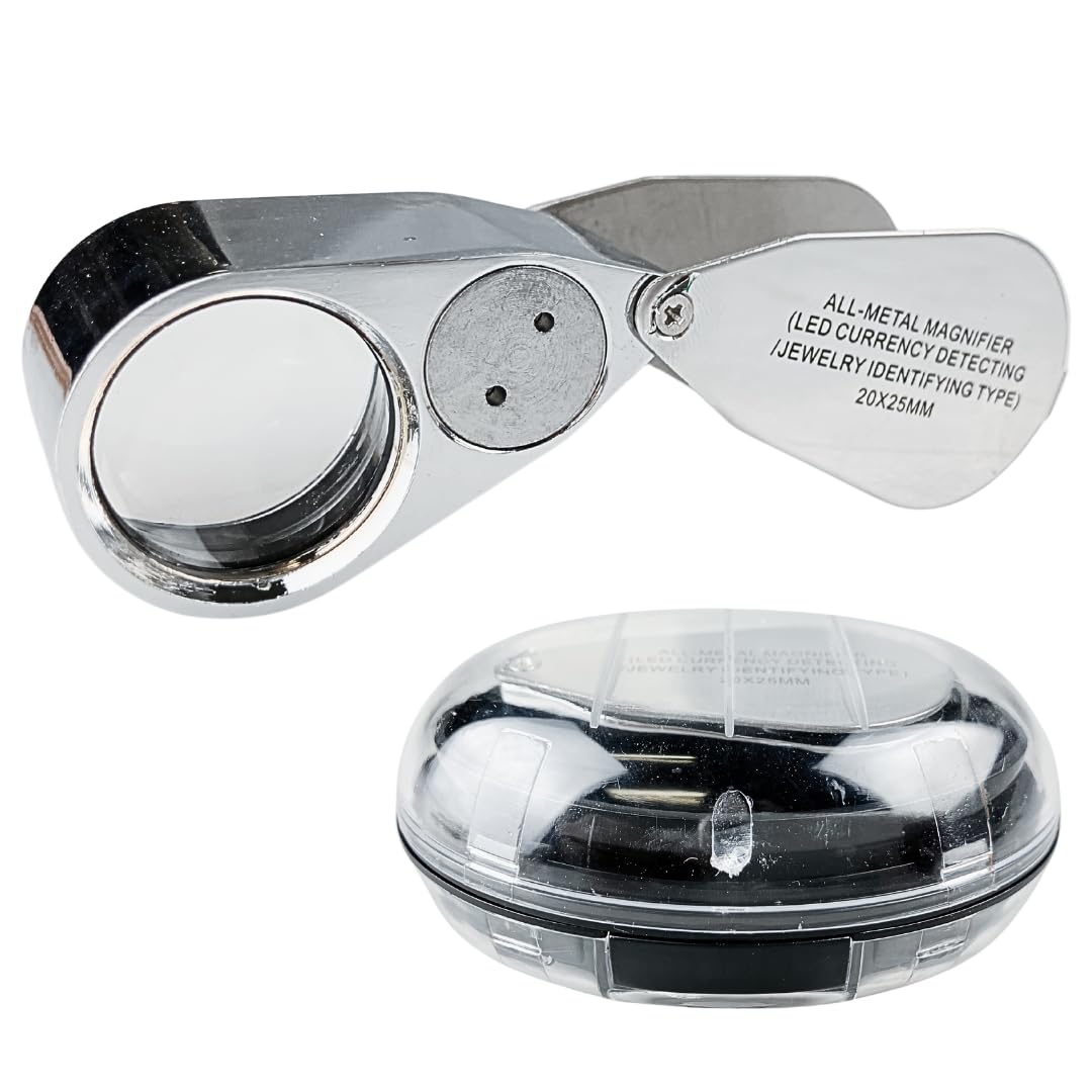 MAXIMIZE Jeweler's Loupe with LED & UV Light | 20X Magnification Power | Dual Light Switch | 25mm Glass Lens | Durable Metal Construction | Ideal for Jewelers, Watchmakers & Collectors