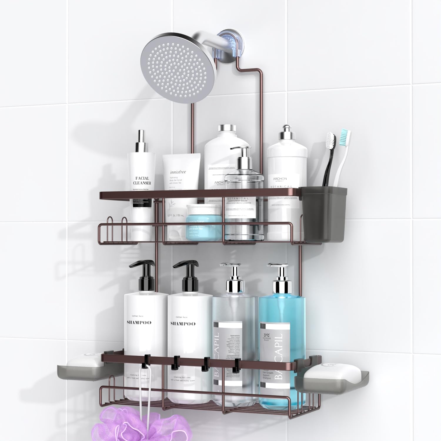 Shower Caddy Hanging Bathroom Organizer: Rustproof Shelf for Inside Shower - No Drilling, Over Showerhead - Bath Shelves for Shampoo, Soap - Bronze