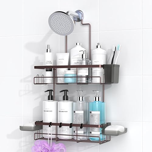 Miniatura 7 de Organizador de baño colgante para ducha: estante a prueba de óxido para ducha interior, sin estantes de perforación sobre el cabezal de la ducha,