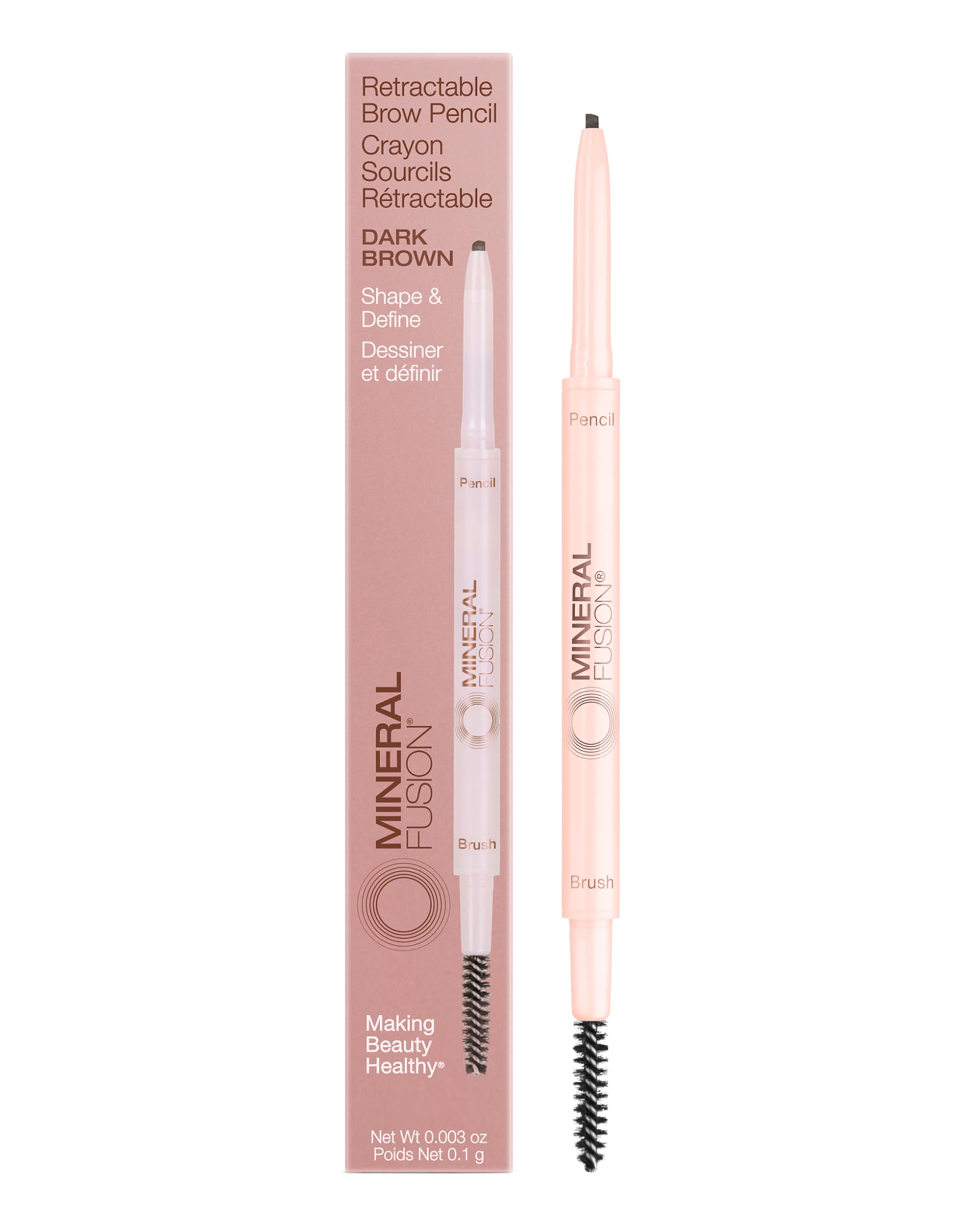 Mineral Fusion Retractable Brow Pencil (Dark Brown) - TZR 2025 Beauty Heroes Award Winner - Shape & Define Eyebrow with Blending Spoolie Brush - Velvety Smooth, Long-Lasting Color - Vegan Formula