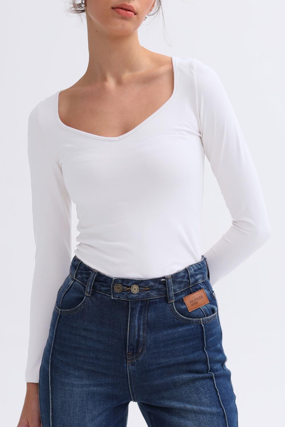 Women Long Sleeve Tops - Sexy Going Out Sweetheart V Neck Basic Shirts Tight Slim Fall Trendy Clothing - Image 3