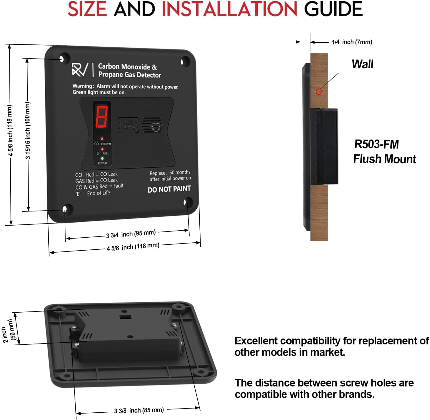 RV Carbon Monoxide and Propane Detector, R503 Dual LP/CO Gas Alarm,Compatible Replacement for Old #31011,100dB Loud Alarm Hardwired 12V DC (Flush Mount-Black)