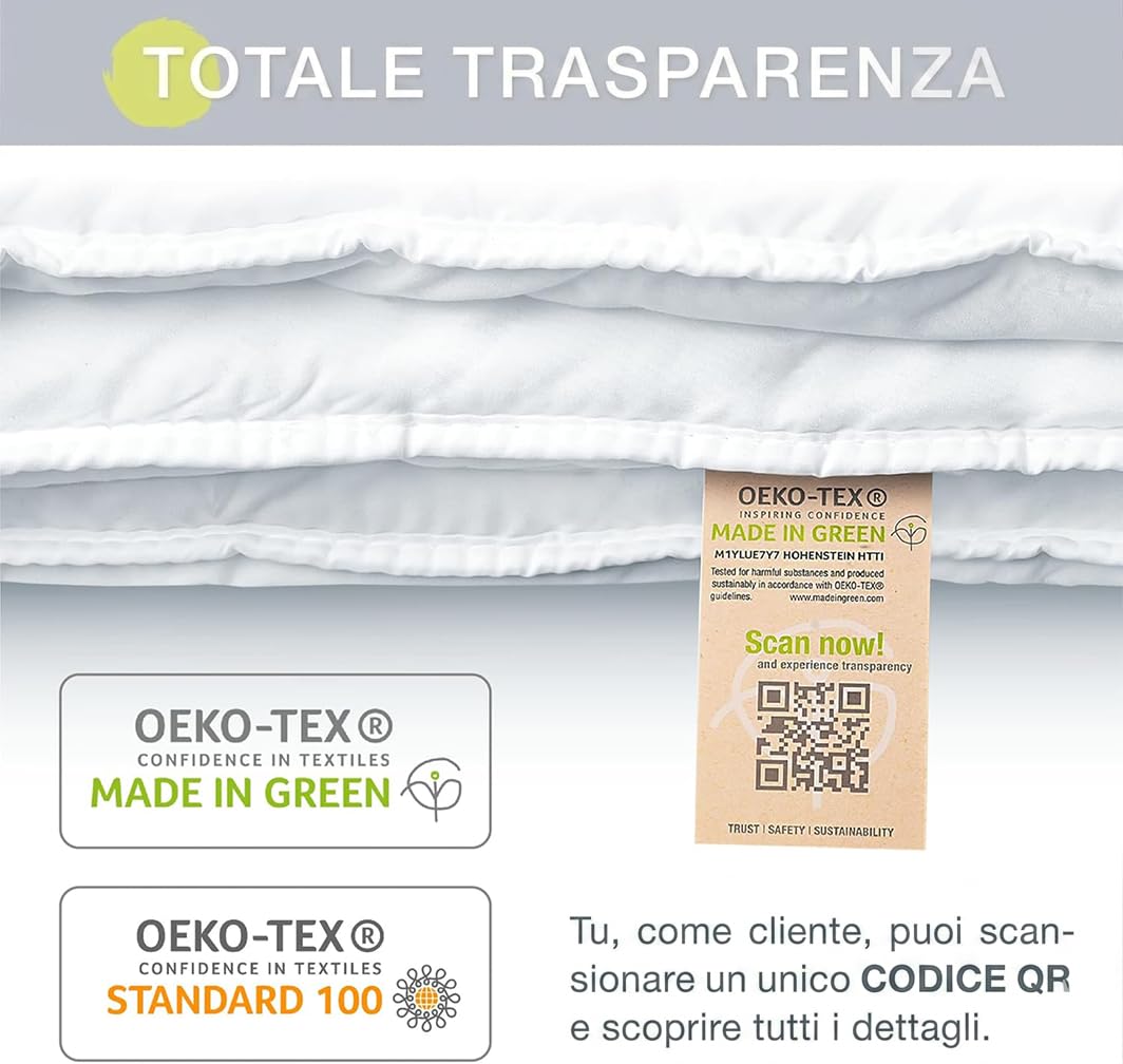 Piumino singolo 140x200 cm bianco lavabile Letto 80/90, Piumone trapuntato certificato MADE IN GREEN, ipoallergenico, morbido, durevole, in fibra cava di poliestere riciclato 350g/m3