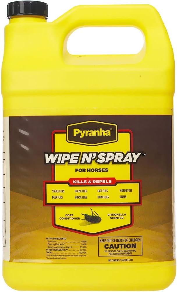 Pyranha 1 Gallon Wipe N Spray for Horses Kills and Repels Contains Lanolin Citronella Scented. Fly Spray