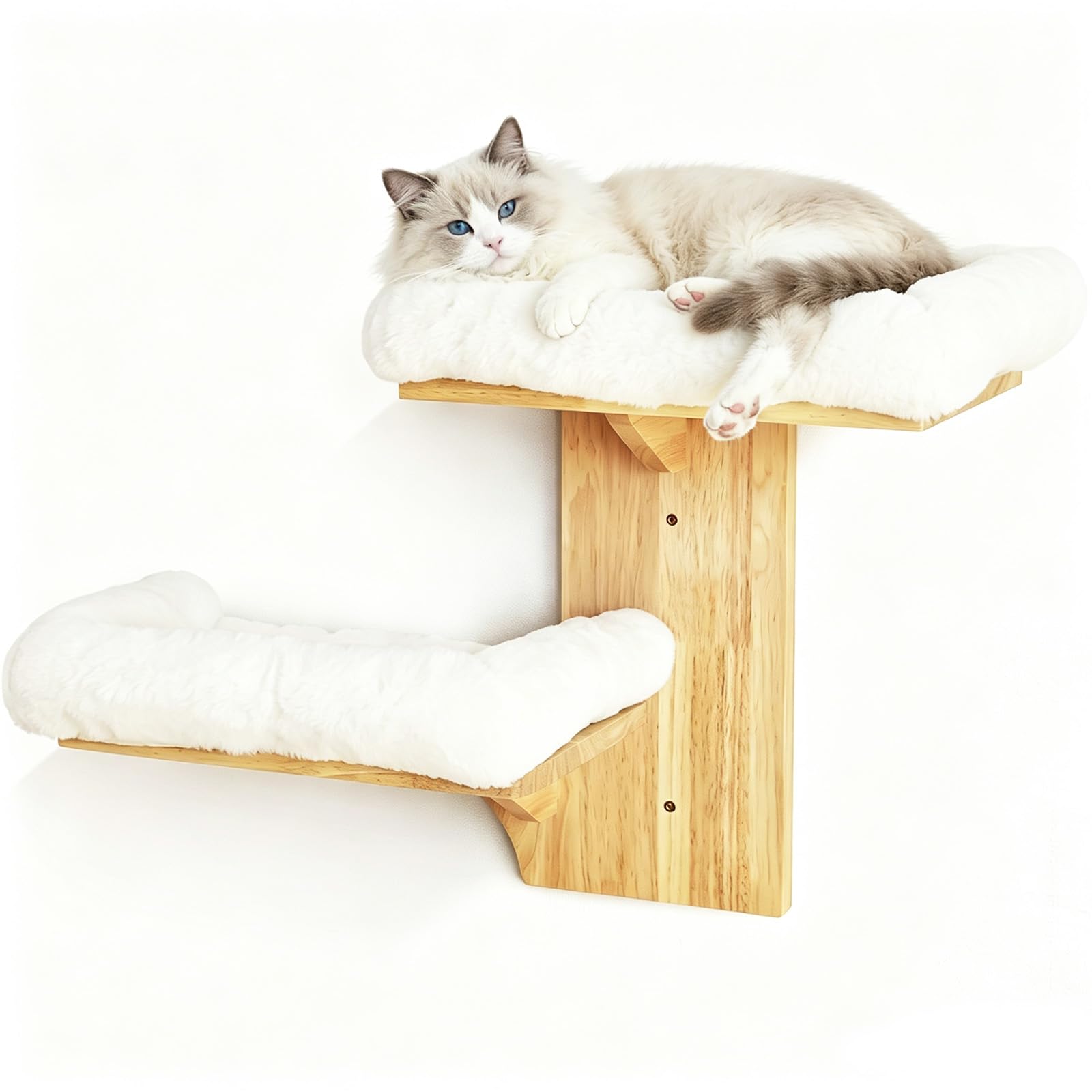 Kletterwand Katzen mit 2 Plattformen, Katzen Kletterwand aus massivem Kiefernholz, Wandmontierte Katze mit Sisalmatte – sicherer Halt für Klettern, Spielen & Ausruhen (Plüsch)