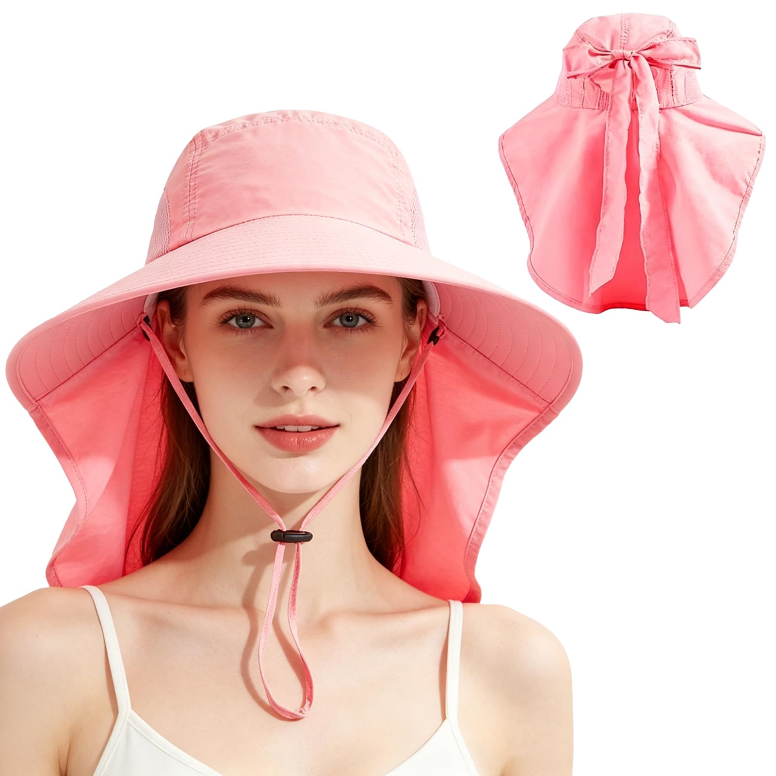 YLSCRYPH Sun Hats for Women UK, Wide Brim Sun Hat with Ponytail Hole, Summer Packable Bowknot Sun Hats for Fishing Hats, Camping Hiking Walking Travel (Pink)