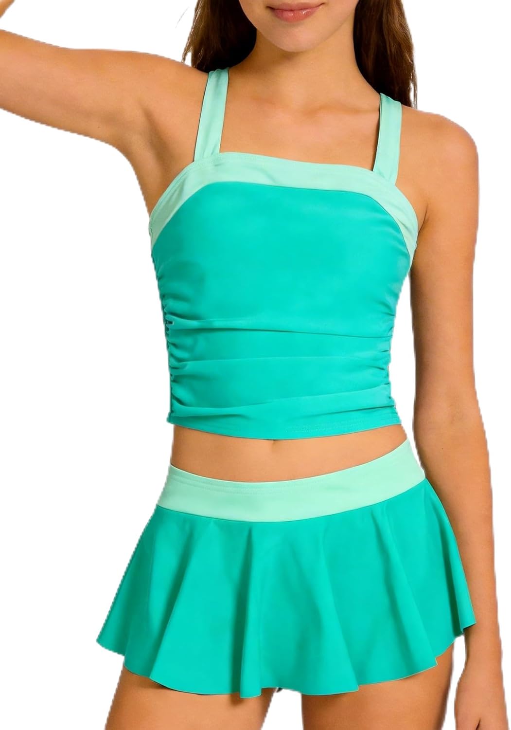 Girls Swimsuit 2 Piece Tankini Swimsuit Drawstring Colorblock Swim Skorts Girl Bathing Suit for 7-16Y