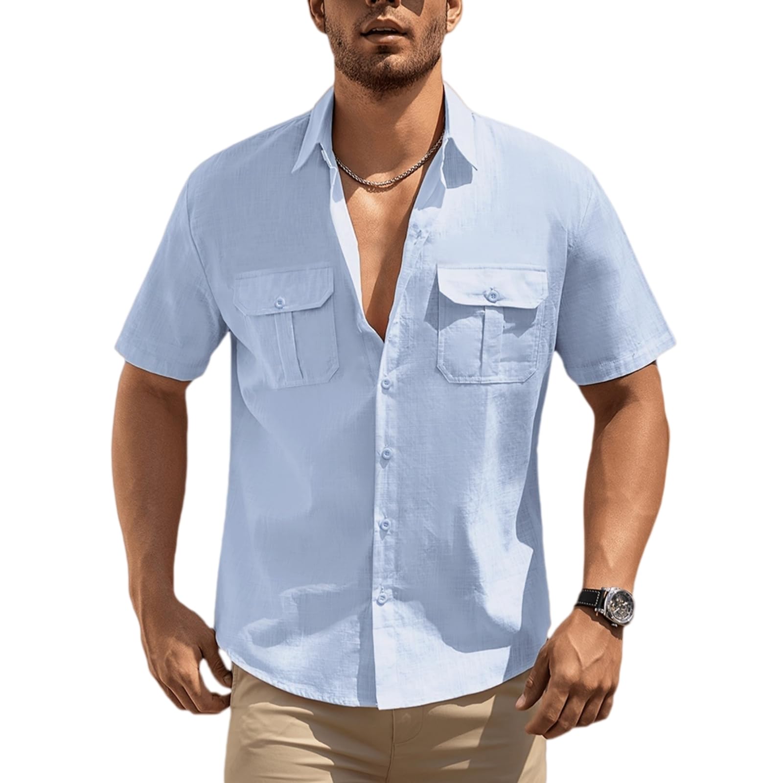 Chemise à manches courtes avec poches doubles poitrine bleu XXXL