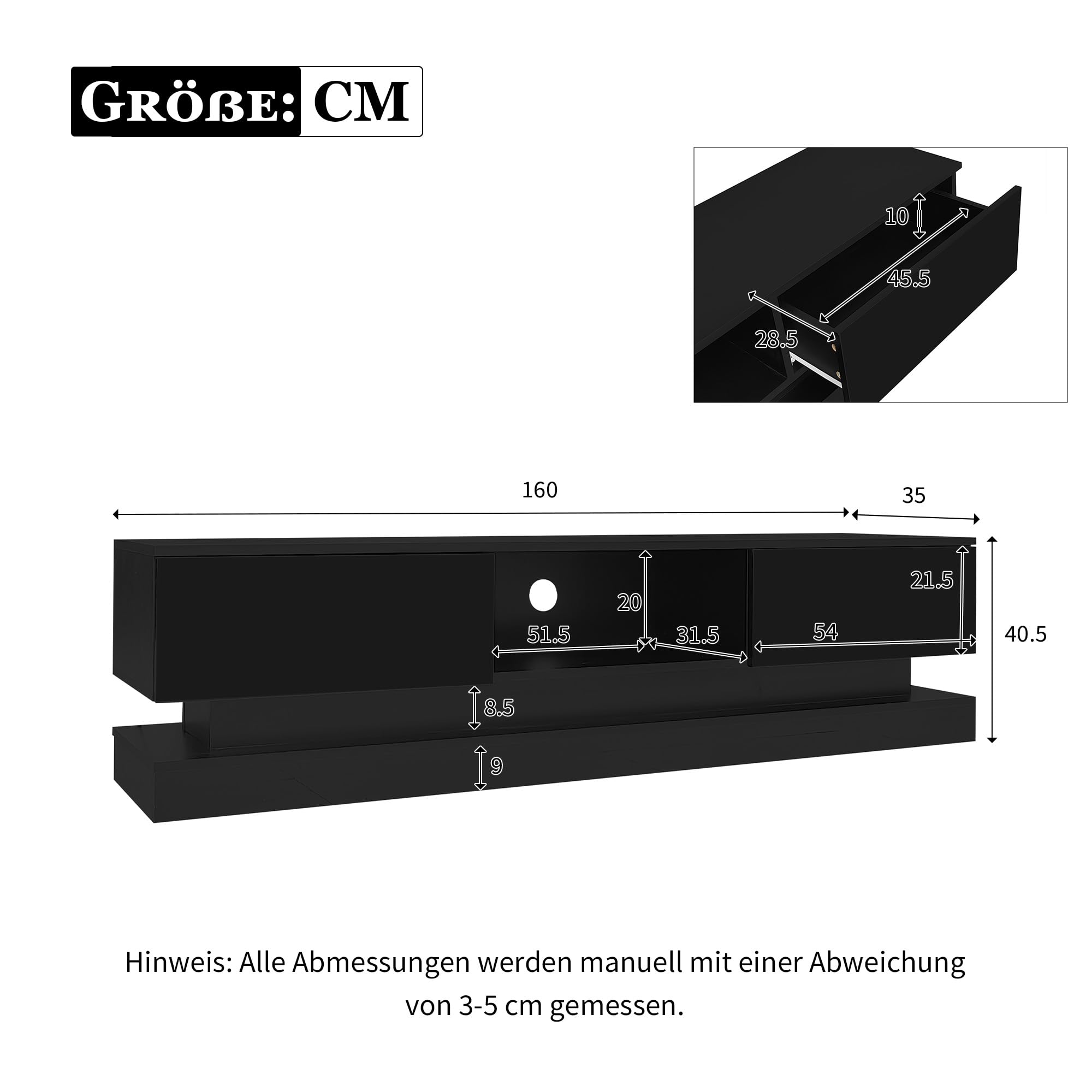 Mobile TV lucido con illuminazione a LED porta TV 2 cassetti controllo app design antiribaltamento credenza bassa per TV fino a 60 pollici mobile TV per soggiorno pannello TV nero 160 cm