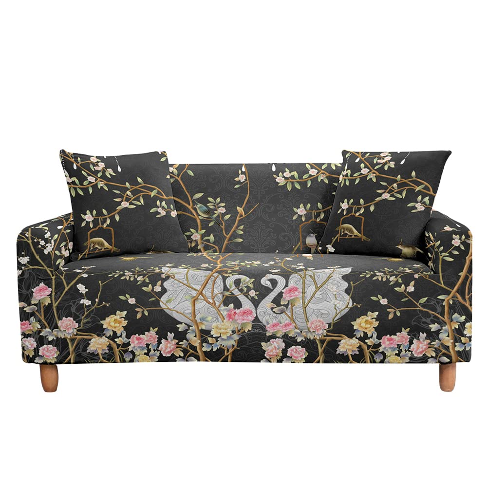 Highdi Bird Flower Pattern Sofa Cover 1/2/3/4 Seater, Sofa Slipcover Stretch Washable Furniture Protector Non Slip Sofa Covers for Loveseat Couch Sofa (Black,1 Seater)