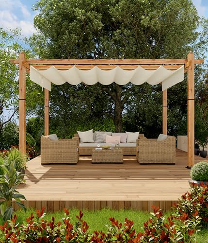 10 x 13 Ft Wood-Grain Aluminum Pergola Outdoor Pergola with Retractable Canopy Sun Shade Shelter for Garden, Patio, Backyard, Deck - Beige