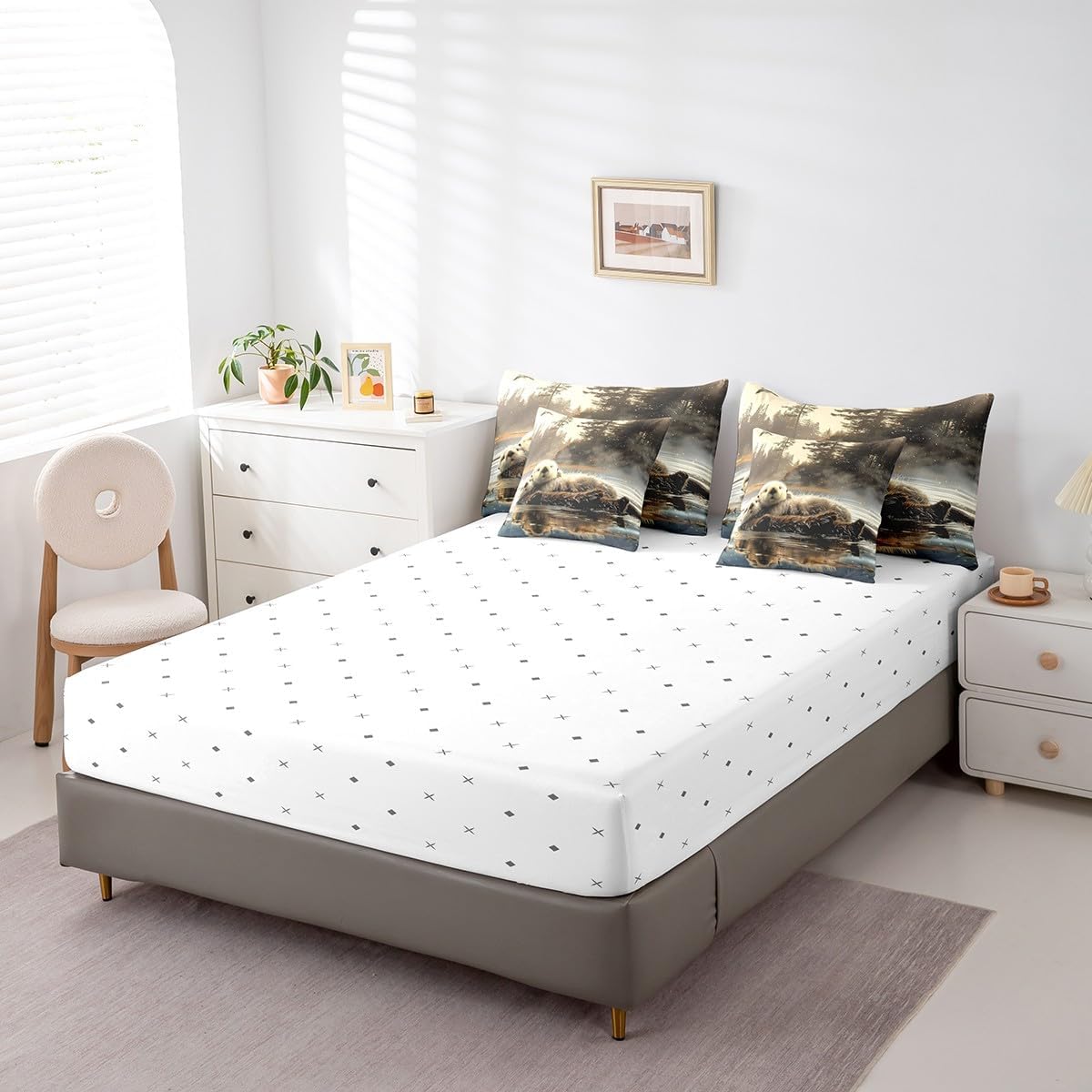 Manfei Sea Otter Comforter Set Bed in a Bag 7 Pieces Twin,Wildlife Otter Couple Swimming Bedding Set,Cute Otter Jungle Adventure (Comforter+Fitted+Flat Sheet+2 Pillowcases+2 Throw Pillow Covers)