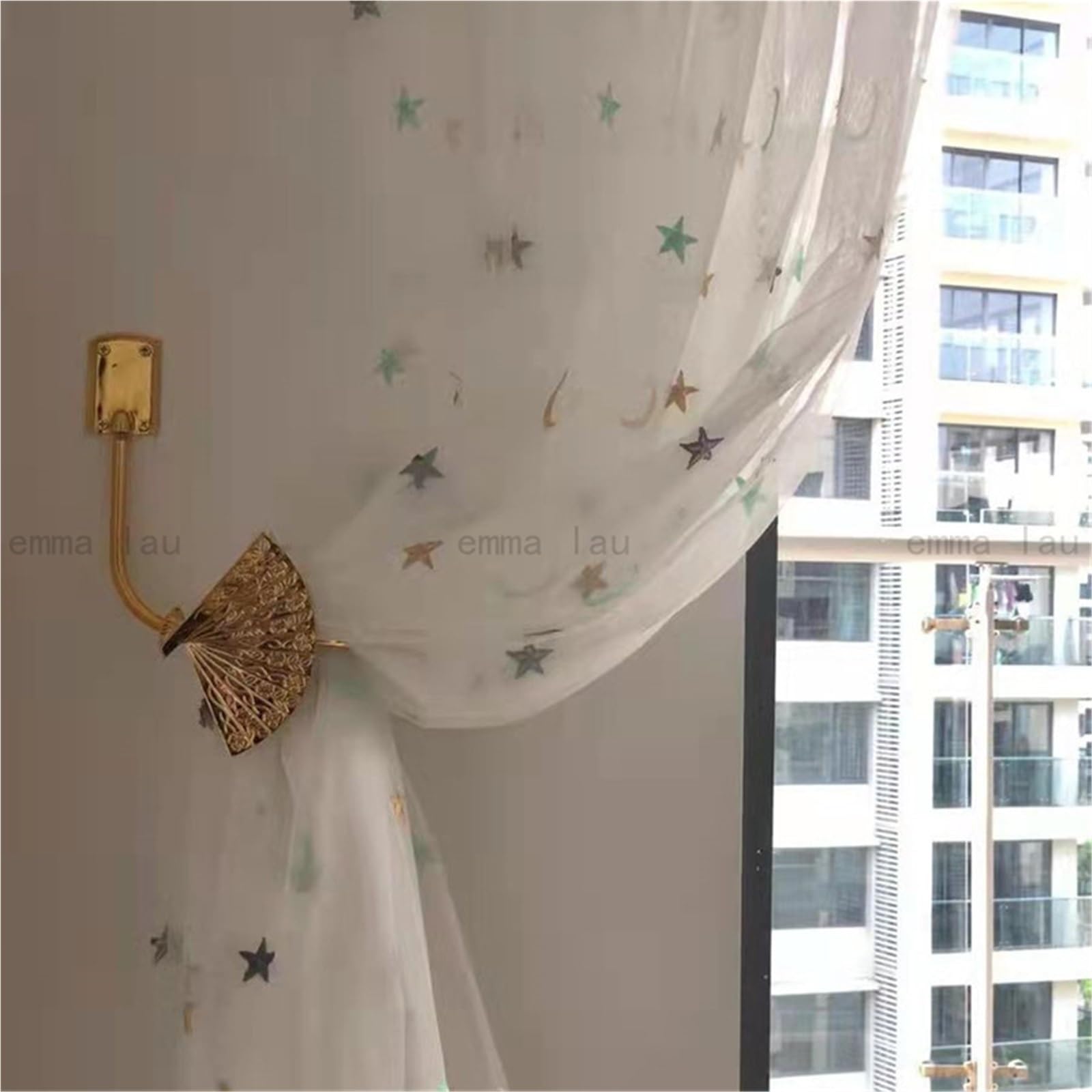 Crochet de Rideau en Laiton Crochet de Rideau en Laiton Moderne, Support Forme d'éventail d'hirondelle dorée, Cintre décoration Mural for Salon(Fan-a Pair)