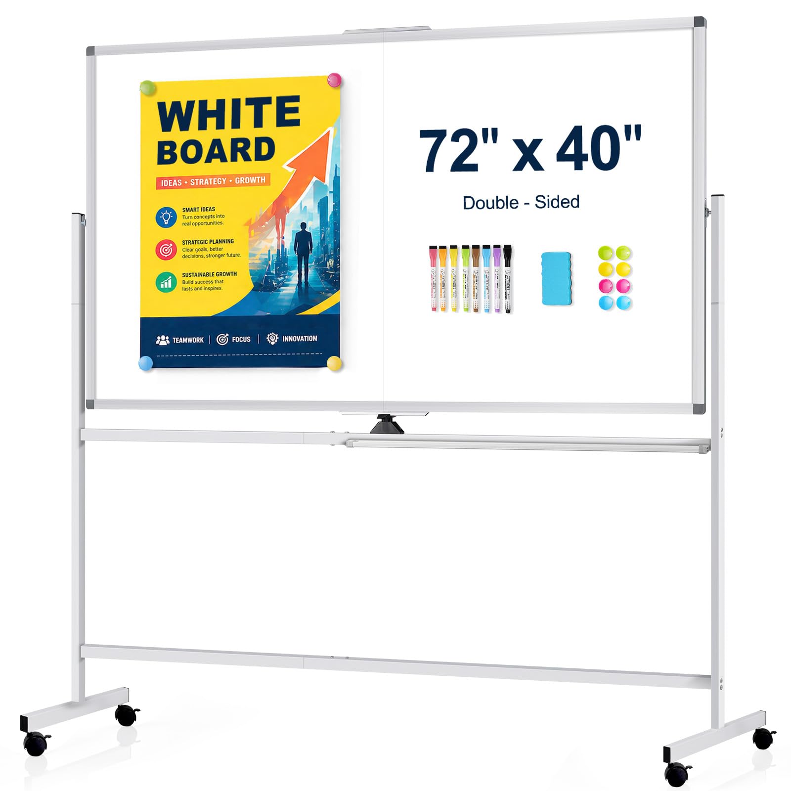 Rolling Whiteboard 72" x 40" Sturdy Dry Erase White Board on Wheel | Large Magnetic Standing Whiteboard Easel with Double-Sided, Office Supplies, Home, School, Sliver Frame