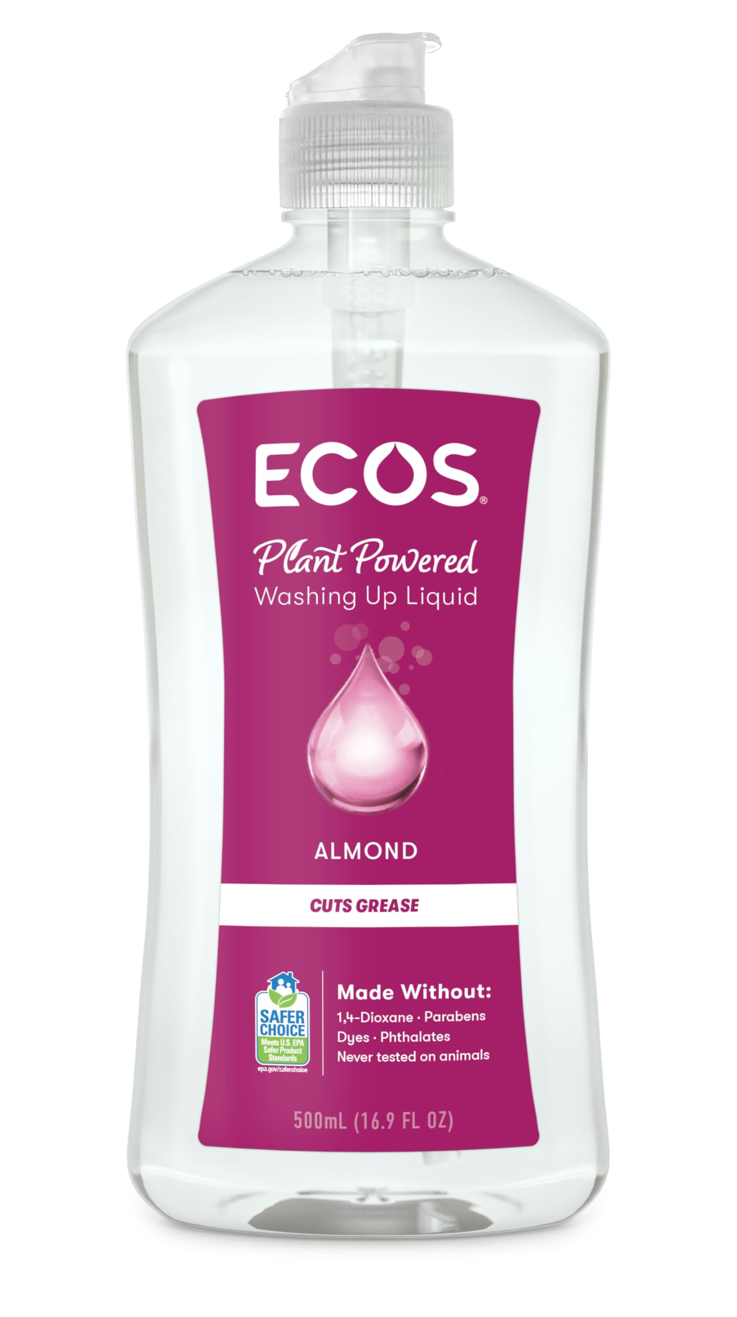 ECOS Washing Up Liquid - Plant Powered Dish Soap, Dishwashing Liquid Tough on Grease & Food Residue, Hypoallergenic & Vegan, Gentle on Hands, Almond, 500ml