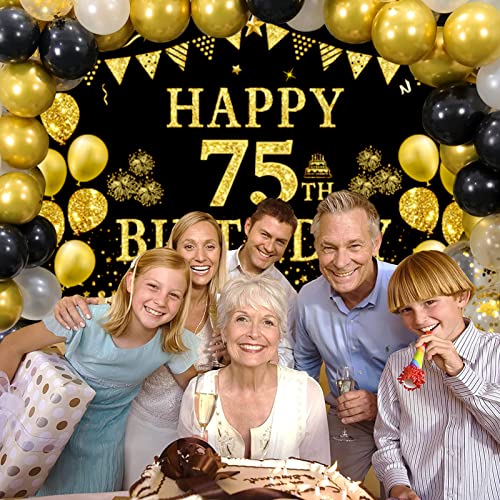 Trgowaul 75Th Birthday Decorations Men Women - Black Gold Happy 75Th Birthday Backdrop Banner, 2 Pcs Birthday Tablecloth, 60 Pcs Latex Confetti Balloons, 75 Years Old Bday Party Supplies Gifts Ideas #TOP3