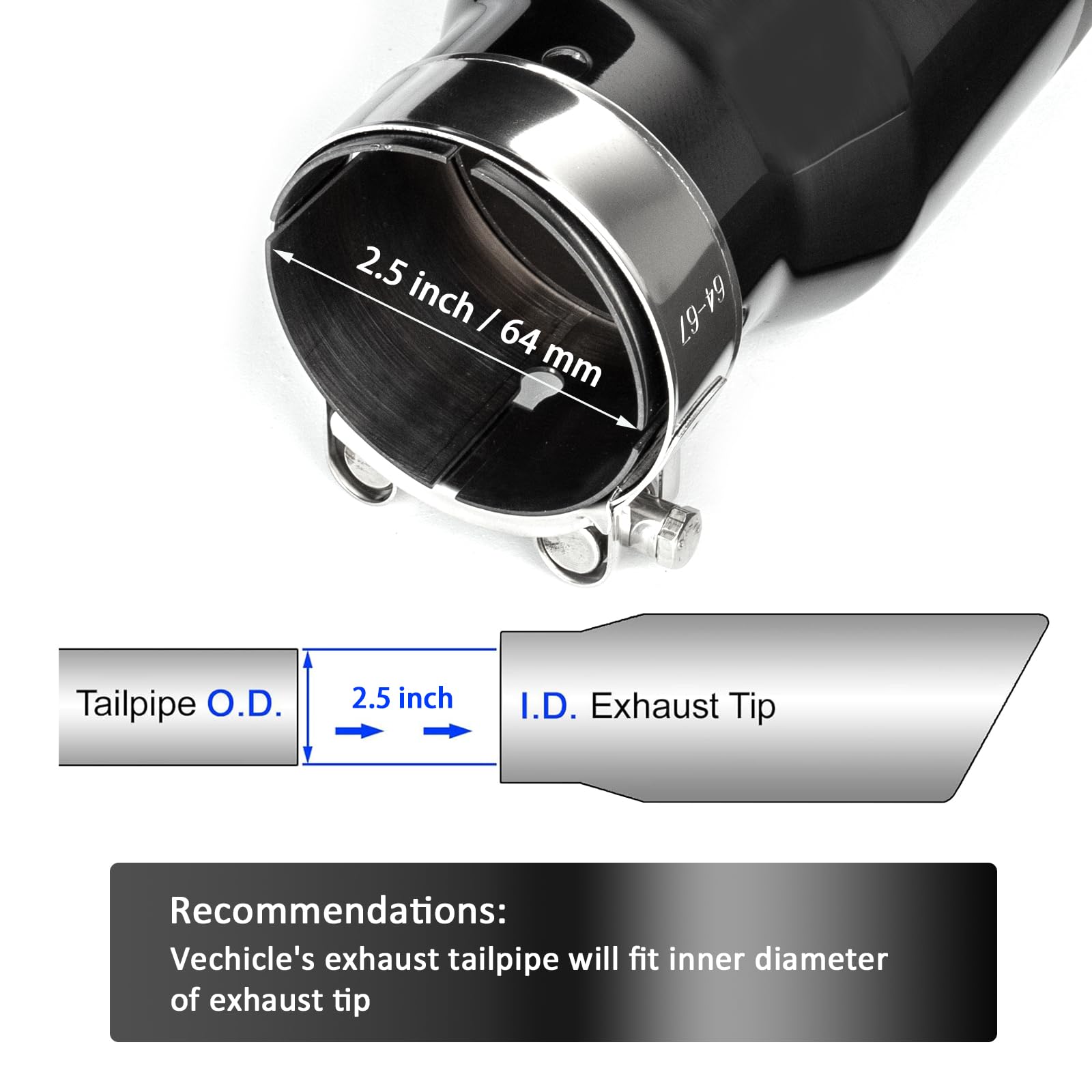 Terminale di Scarico Auto 2.5" - Ingresso 2.5" Lunghezza 6.5" Doppio Strato Acciaio Inox Terminale Silenziatore Universale per Tubi di Scarico 2.5" Installazione a Bulloni (Nero Dritto)