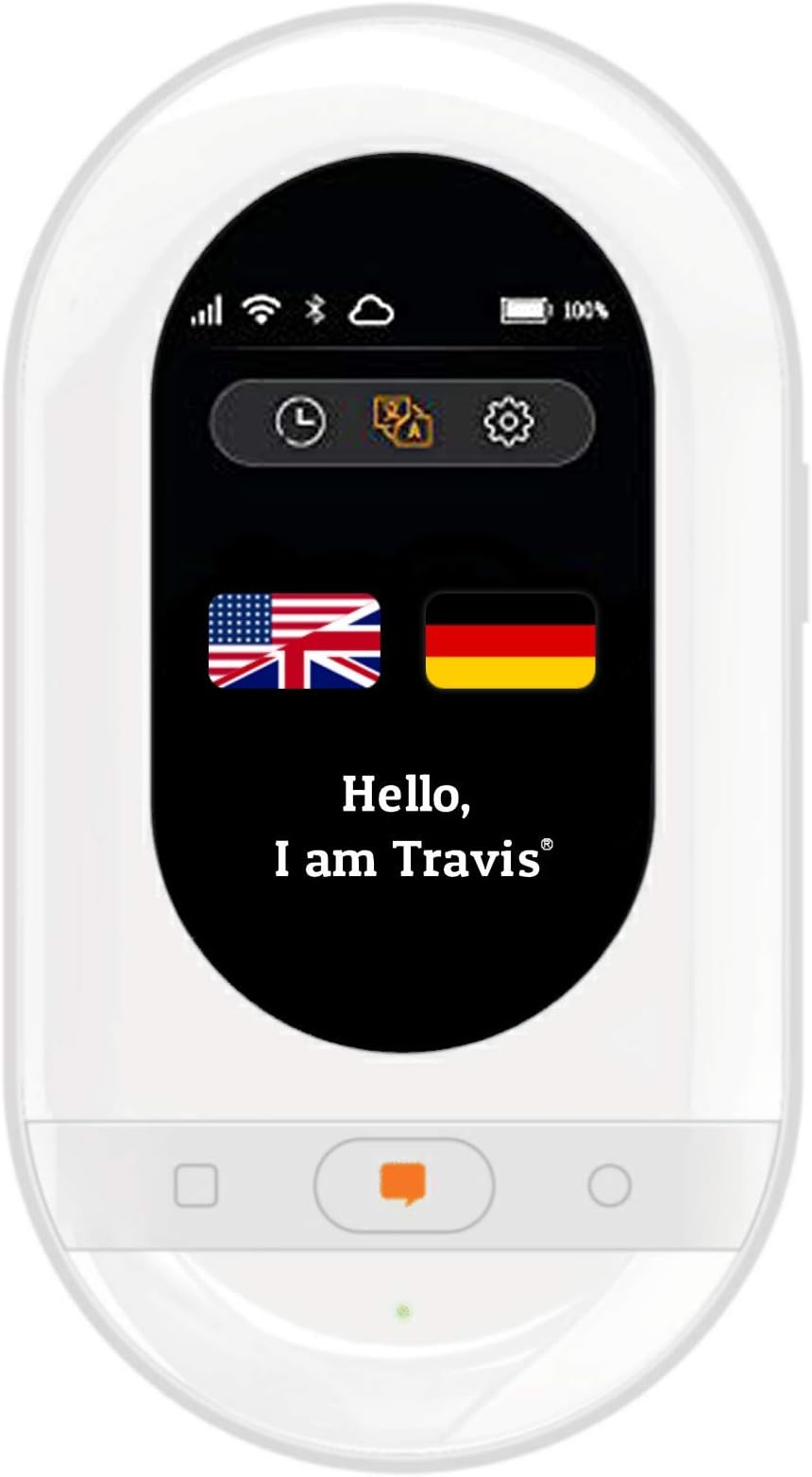 Travis Touch - Intelligent Voice Translator with 105 Languages, Touchscreen, 4G LTE, Hotspot & Wireless Charging (White)