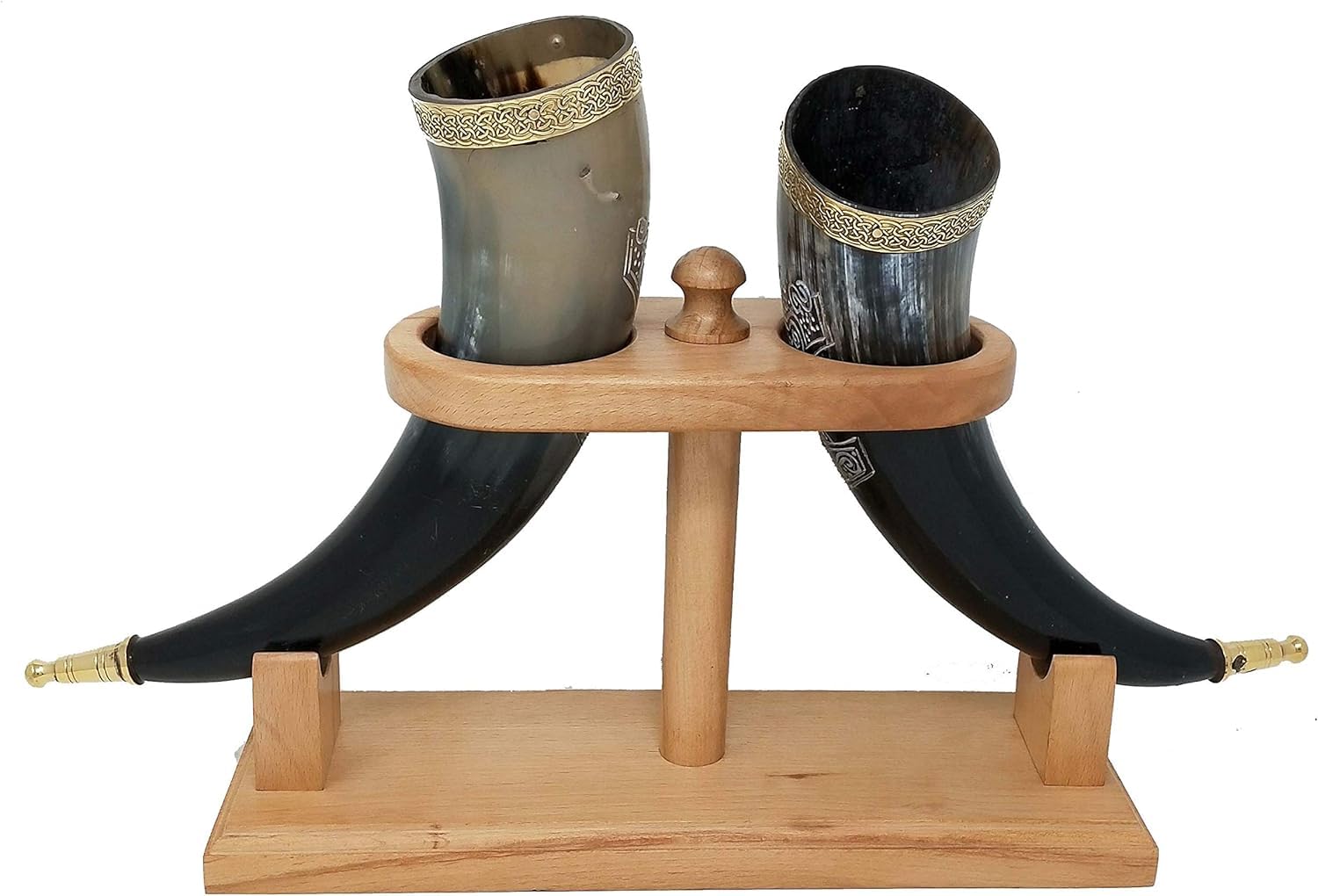 Viking drinking mug, handmade, natural ox horn, mug for ale, beer, mead, wine, 30.5 cm, 100% leak-proof, with a beautiful wooden stand, set of 2