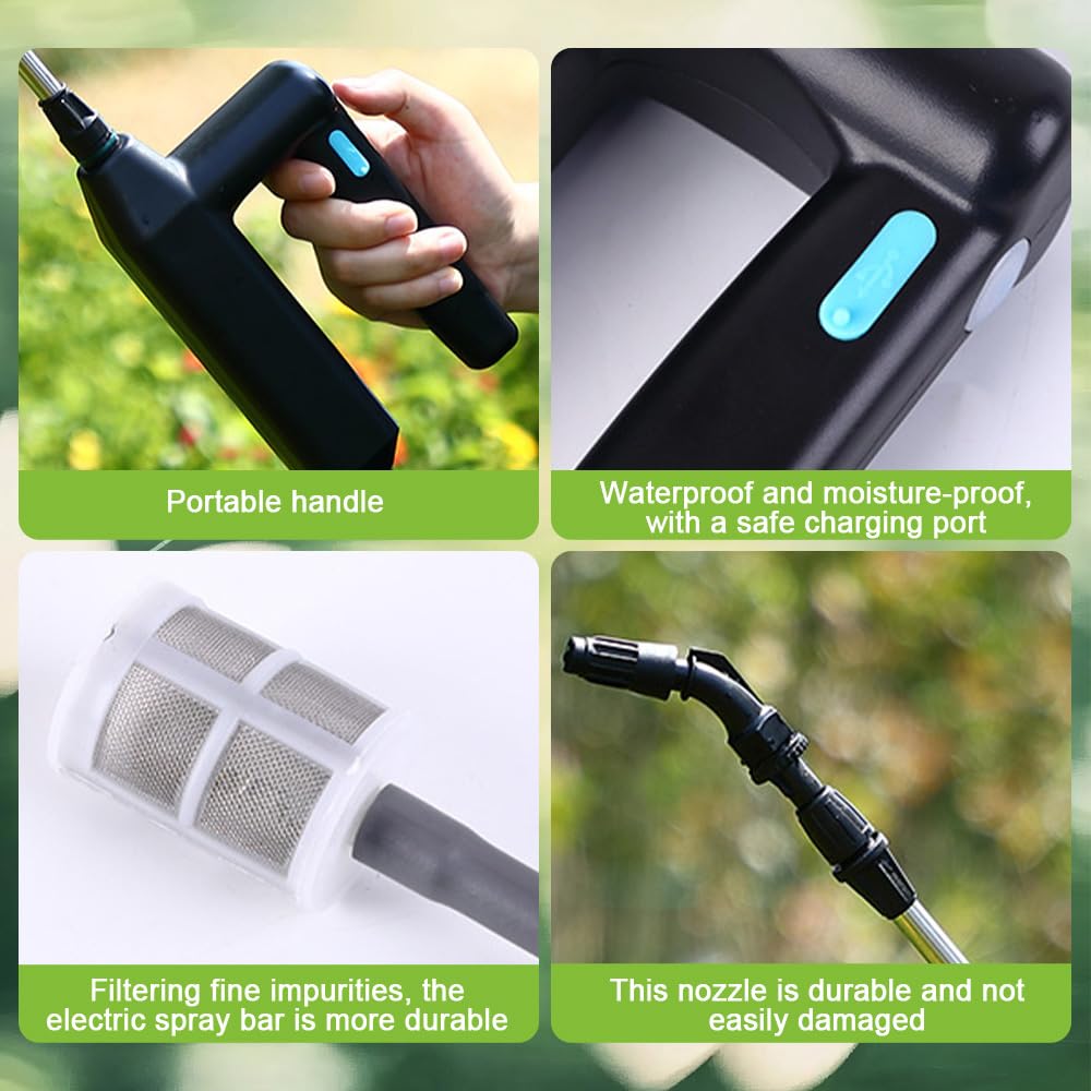Pompa Irroratrice a Batteria, 7.4V Spruzzatore Elettrico per Piante, con Asta Telescopica, 3 Ugelli, 5M Tubo, Ricaricabile USB, Spruzzatore da Giardino per Giardini, Cortili, Prati