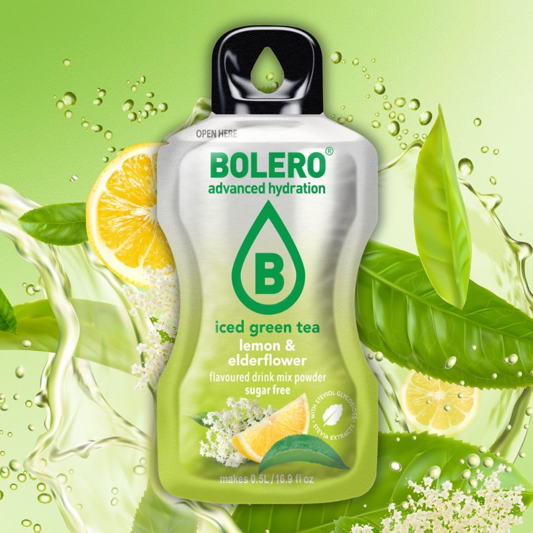 Bolero Mezcla de té verde helado de 24 x 3 g | Saftpulver ohne Zucker, gesüßt mit Stevia + Vitamina C | geeignet für Kinder, Sportler und Diabetiker | glutenfrei und veganfreundlich