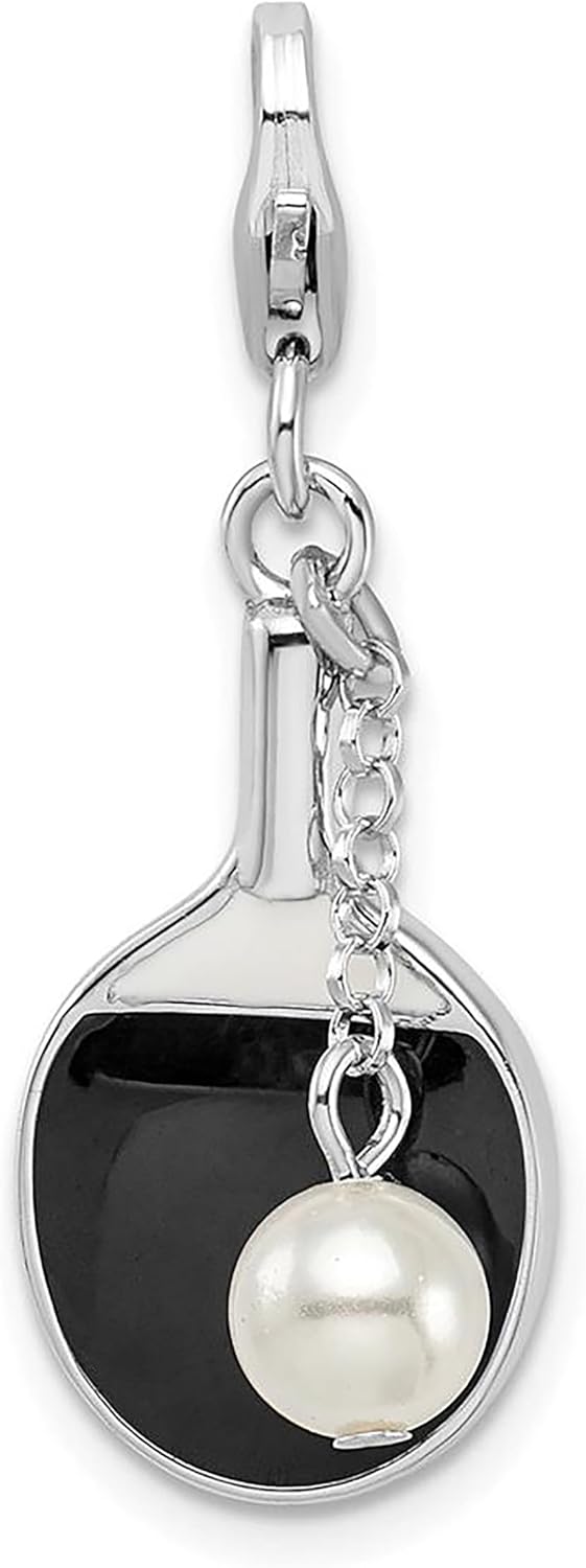 925 Silver Amore La Vita Moveable Enameled Imitation Pearl Paddle Bracelet Charm Lobster Clasp