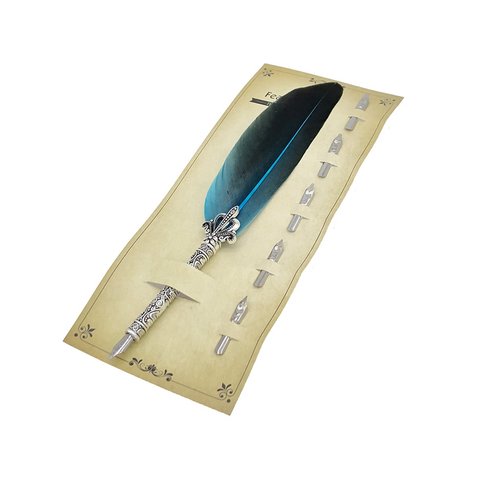 Feather Calligraphy Pen Set Handmade Writing Quill Pen with 5 Replacement Nibs Antique Refillable Ink Dip Pen for Writing, Drawing, Signature, Wedding, Birthday Gifts