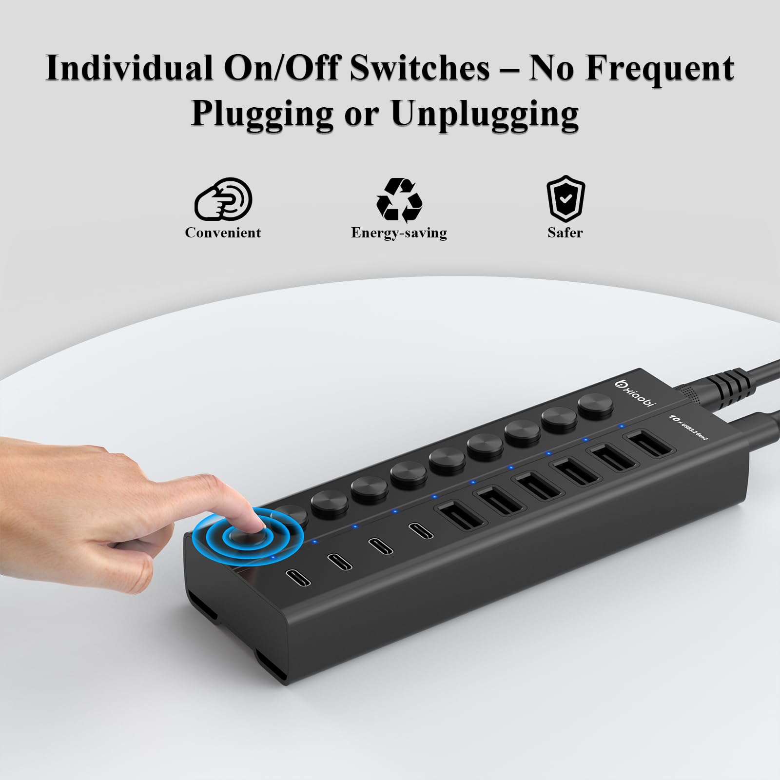 Hub USB alimentato, hub USB C a 10 porte con 6 porte USB-A 3.2, 4 porte USB-C 3.2, interruttori singoli e adattatore di alimentazione 12V/5A, prolunga USB in alluminio per MacBook, laptop/PC e altro