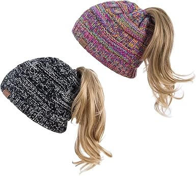 Alepo Womens High Messy Bun Beanie Hat 