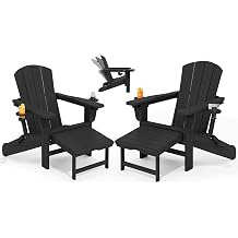 KINGYES Folding Adjustable Adirondack Chair with Ottoman Set of 2, HDPE Outdoor Chair with Retractable Footrest and Cup Holder, Wood-Like Recliner Versatile Adirondack Chair, Black