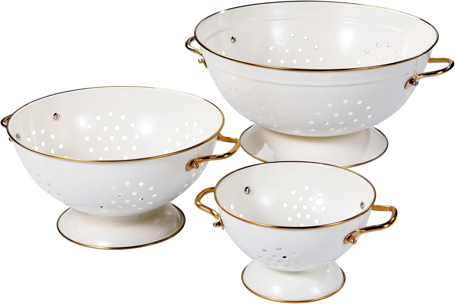 Lot de 3 Passoire Cuisine (16cm & 23cm & 28cm), Or Rose Poignées Ergonomiques, Base Design Anti-bascule, Passoires Métal pour Pâtes, Légumes et Fruits​ (Crème)