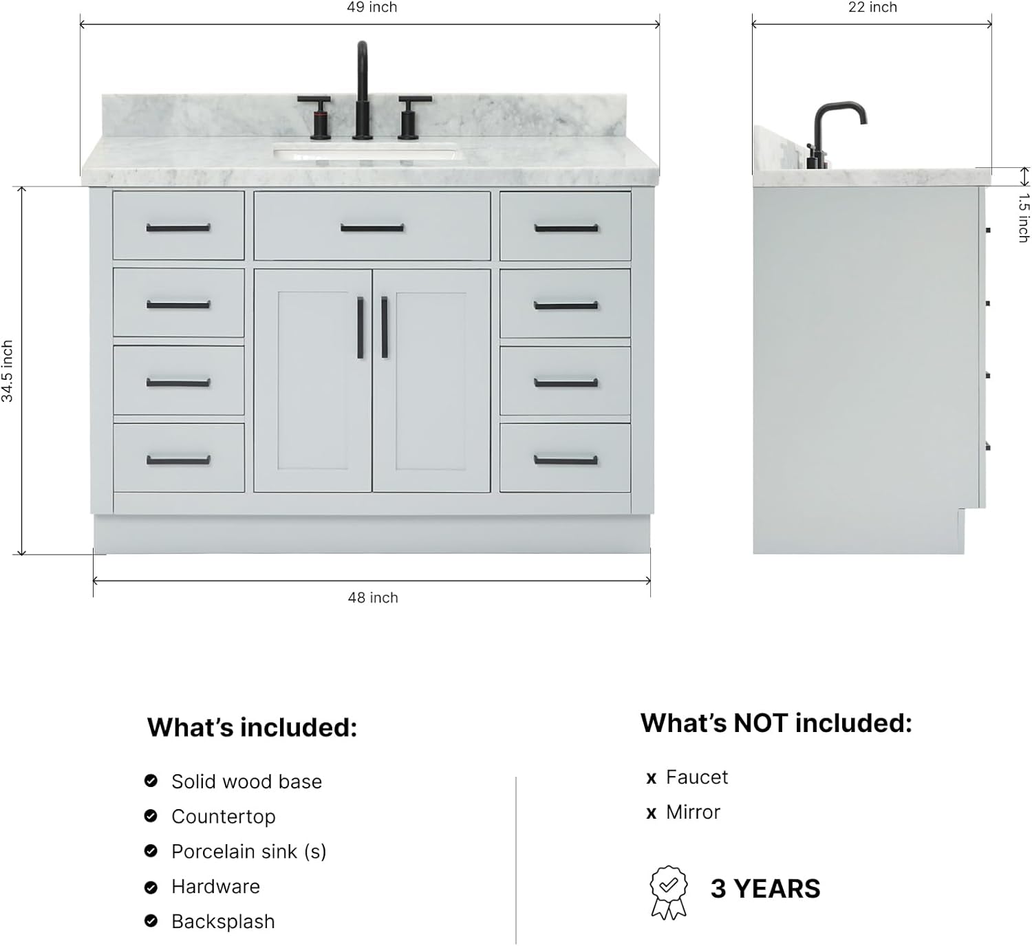 DKB Isabella 48-Inch Bathroom Vanity with Sink — Grey Single Sink Bathroom Vanity, 1.5" Edge Italian Carrara Marble Top, Solid Wood, 2 Soft-Close Doors, 8 Dovetail Drawers + Tilt Drawer