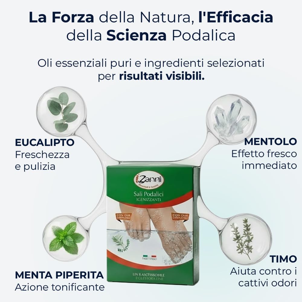 Zanni Sali Podalici, Sali per Pediluvio Rinfrescante e Tonificante con Mentolo, Timo ed Eucalipto, Sali da Bagno a Effetto Deodorante Piedi Stanchi, Sollievo e Riduzione Gonfiore, 100 g, Made in Italy