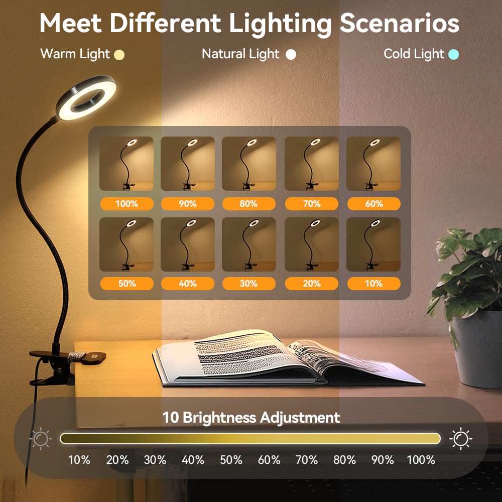 Skymore Clip on Light -3 Color Modes&10 Brightness LED Reading Desk Light with Clamp Flexible Gooseneck Book Light for Kids' Bedtime Reading Clip on Desk, Headboard-Black
