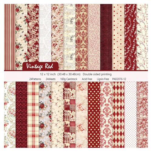 Papier scrapbooking floral rouge épais 160g qui ne gondole pas pour vos collages et découpes rétro