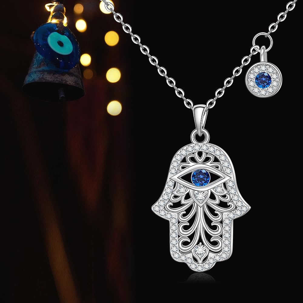 Fenthring Hamsa Evil Eye Necklace Hand of Fatima Necklace for Women Sterling Silver Hamsa Pendant Lucky Greek Blue Evil Eye Jewelry - Image 4