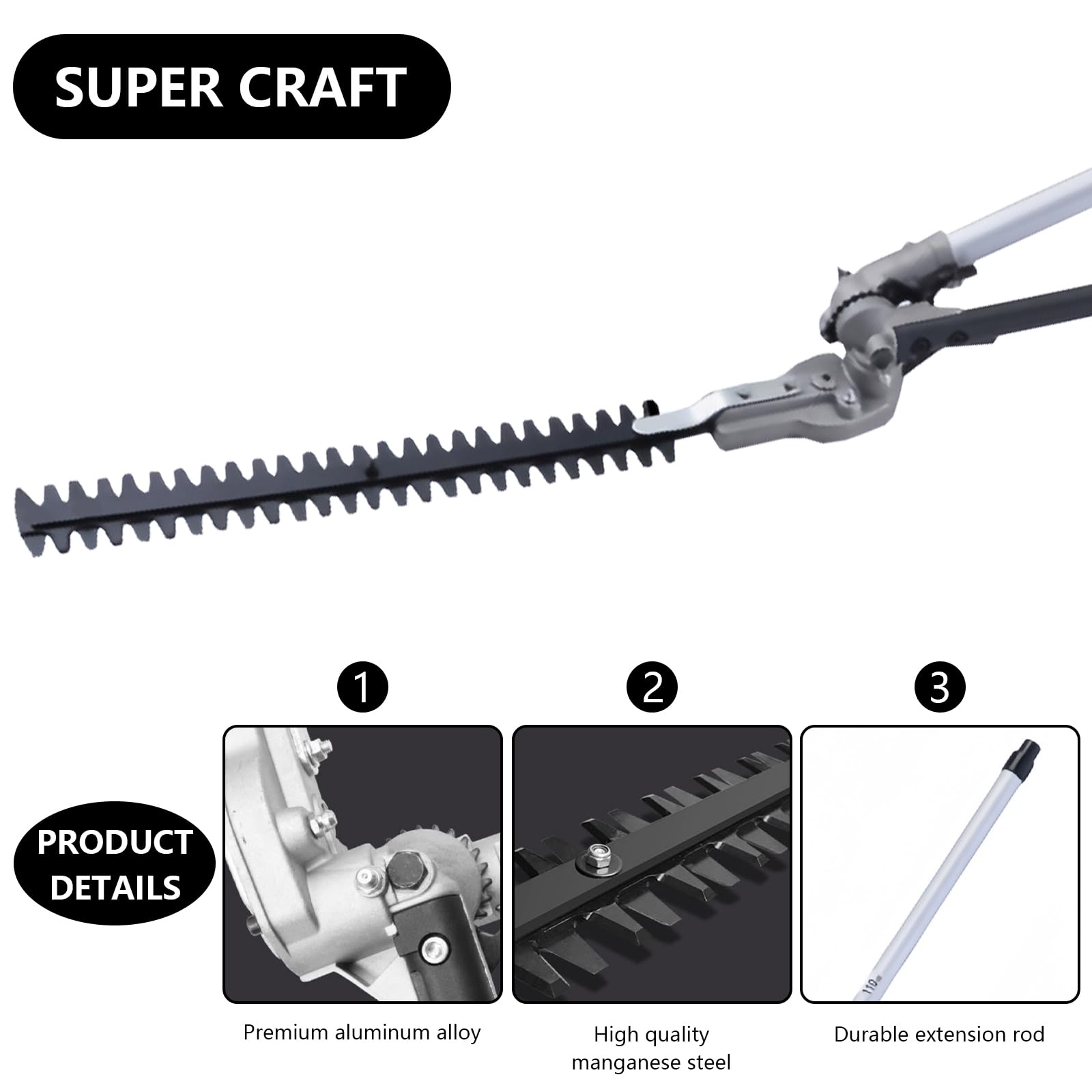 Accesorio para Cortasetos, Universal Cortasetos Cuchilla 43cm Cabezal con Extensión de Aluminio 75cm Compatible con Cortasetos Electrico Multiherramientas Inalámbricas