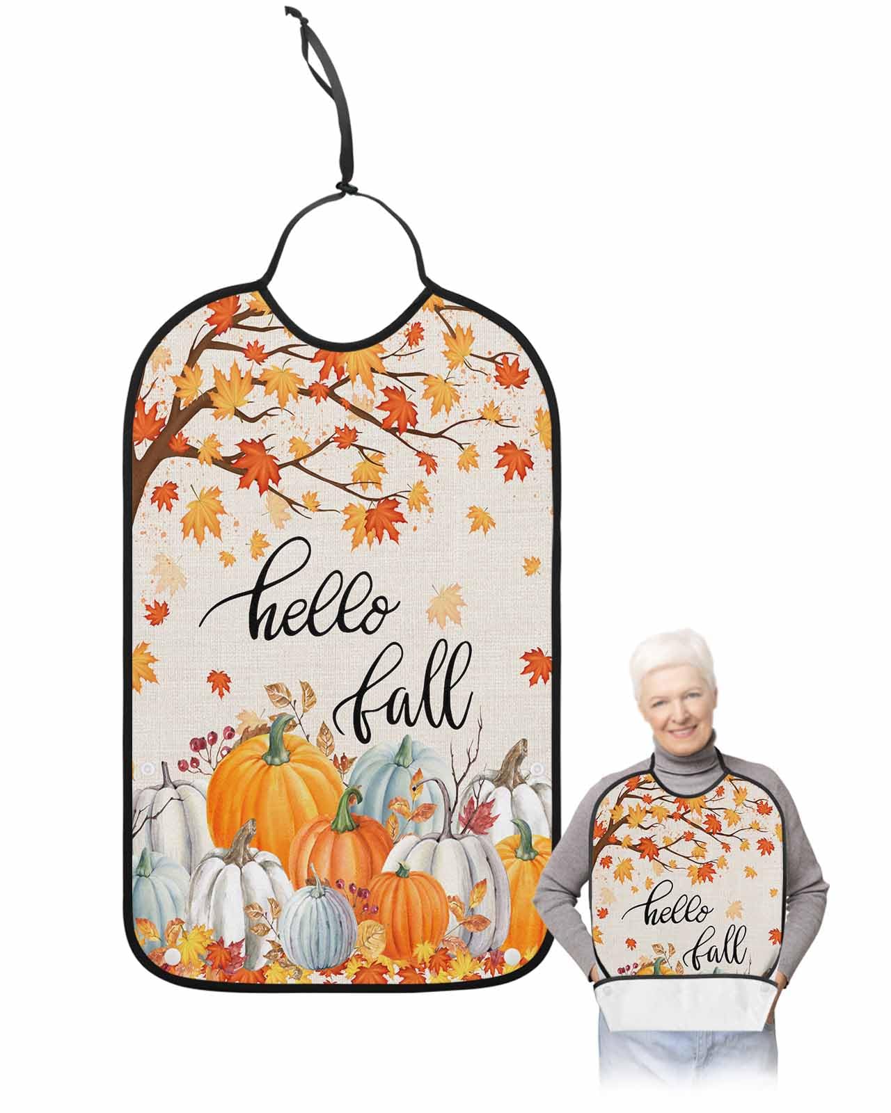 LEOKOTI Hello Fall Adult Bibs for Eating, Waterproof Bibs with Food Catcher & Adjustable Snap Closure, Pumpkins Autumn Botanical Thanksgiving Rustic Washable Clothing Protectors Adult Bibs for Elderly