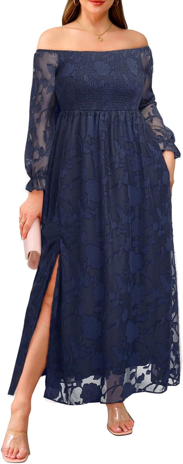 Plus Size Summer Dresses - Boho Casual Off Shoulder Floral Long Maxi Dress with Pockets - Image 4