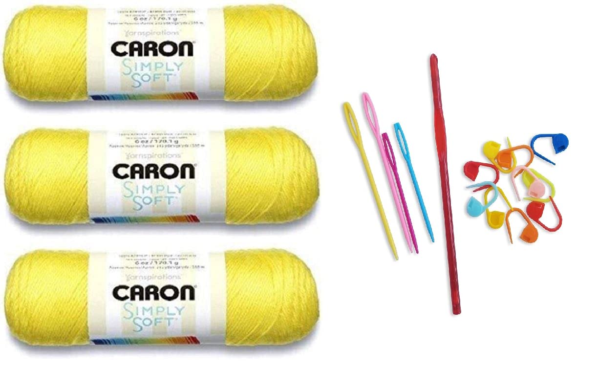Caron Simply Soft Brites Super Duper Yellow 3-Pack Bundle with Bella's Crafts H/5mm Crochet Hook, 10 Stitch Markers and 4 Plastic Yarn Needles