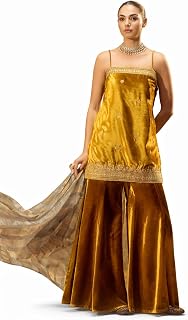 FIORRA Women Ocher Yellow Ice Velvet Embroidered Kurta Set with Dupatta Price In India