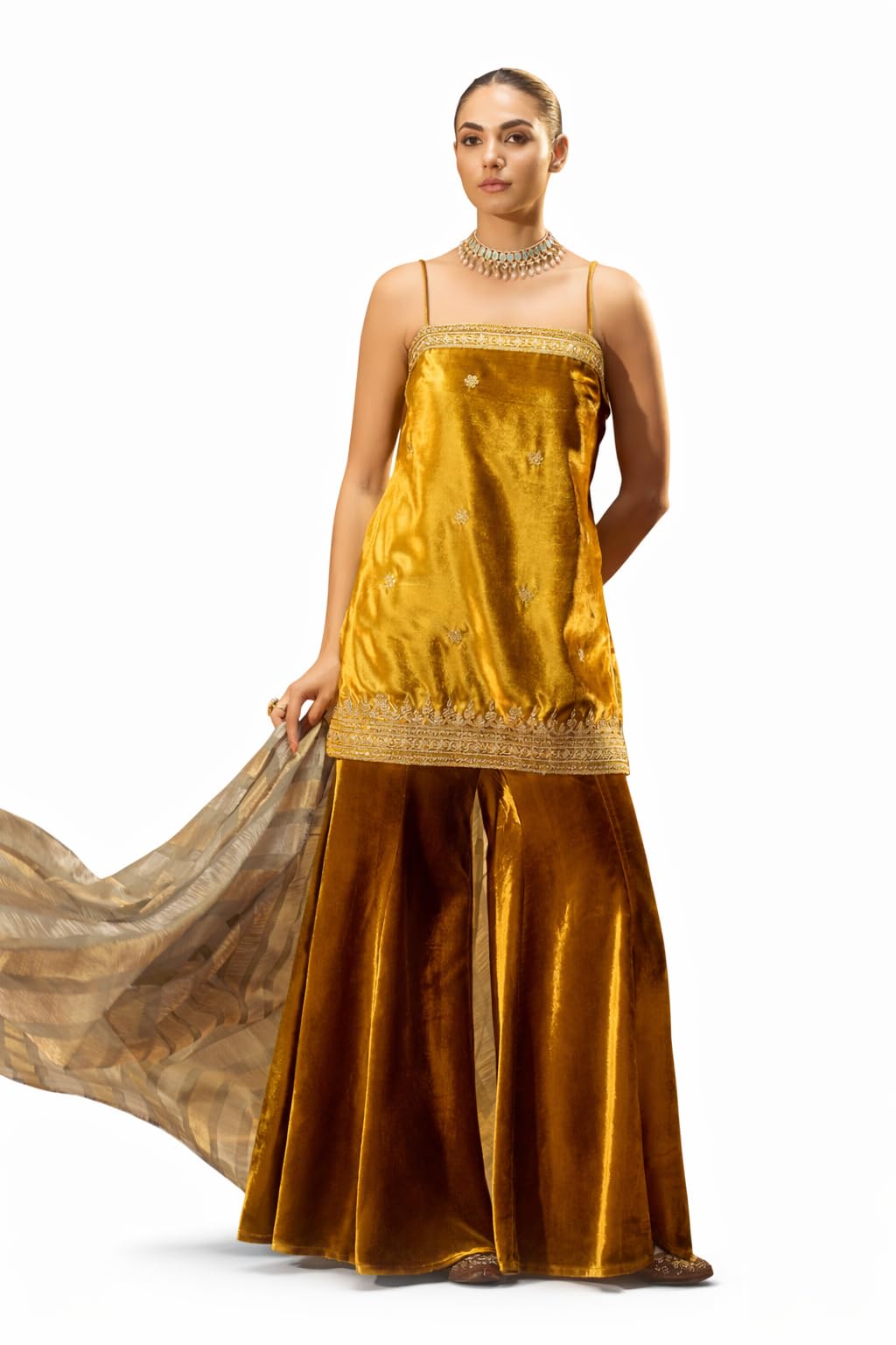 fiorra Women Ocher Yellow Ice Velvet Embroidered Kurta Set with Dupatta-picture-28