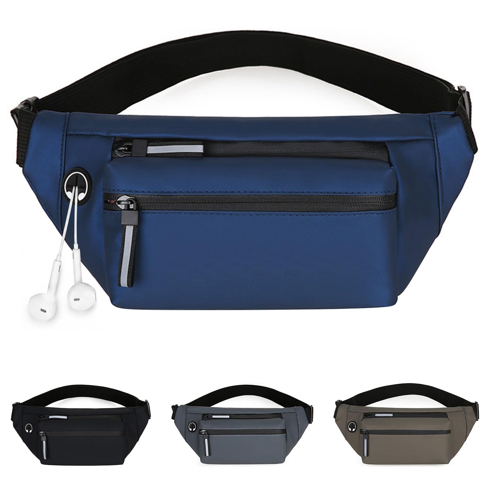 Innfttwo Bum Bag for Men Women,Leather Water-Resistant Waist Fanny Pack Running Belt with Headphone Jack & 3 Zipper Pockets,Adjustable Belt Bumbags for Travel Running Walking Hiking Jogging (Blue)