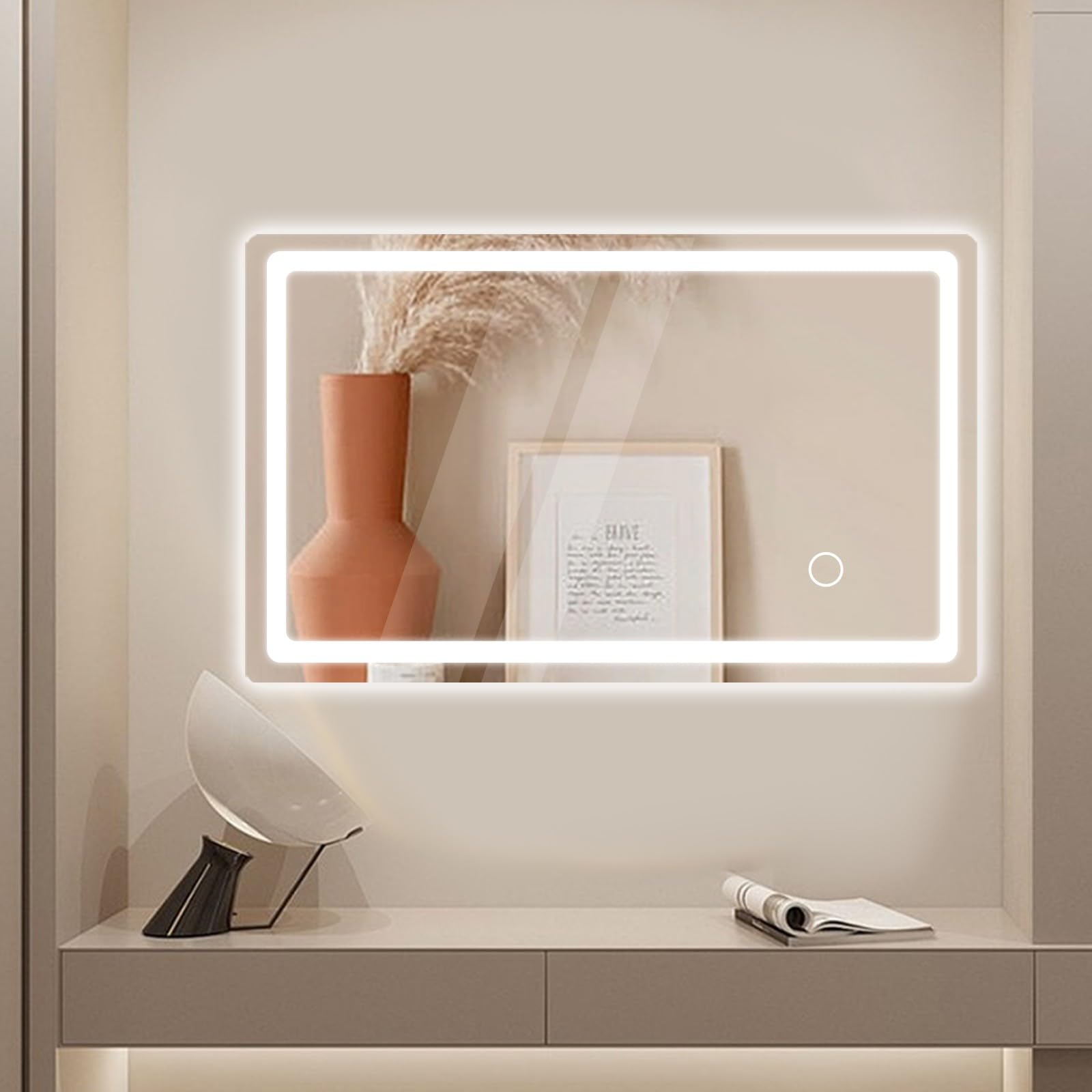 Badspiegel mit Beleuchtung, 40x60cm Wandspiegel mit Stecker, Kaltweiß | Spiegel mit Licht für das Badezimmer, Badezimmerspiegel fürs Bad mit Touch-Schalter 6000K
