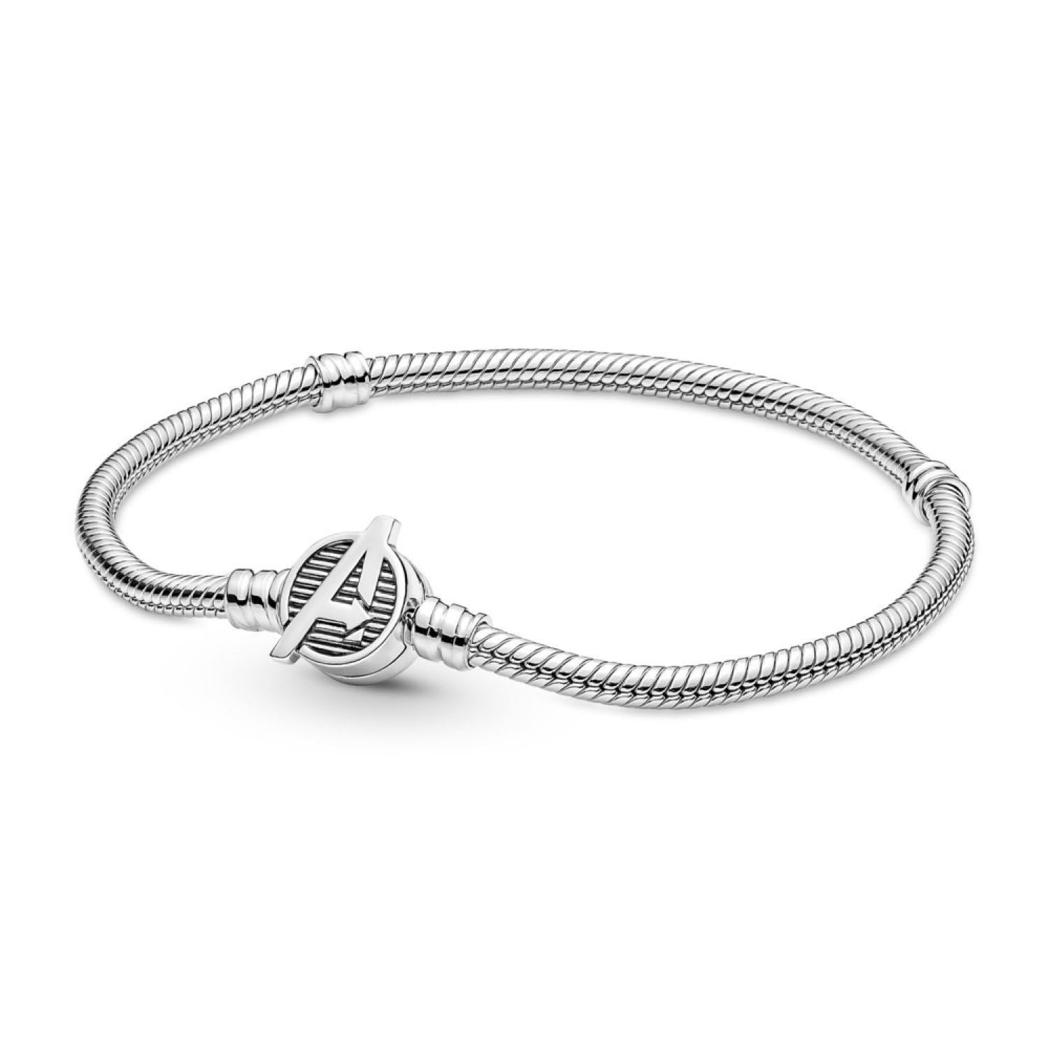 Pandora Snake chain sterling silver bracelet with Marvel The Avengers logo clasp, 17