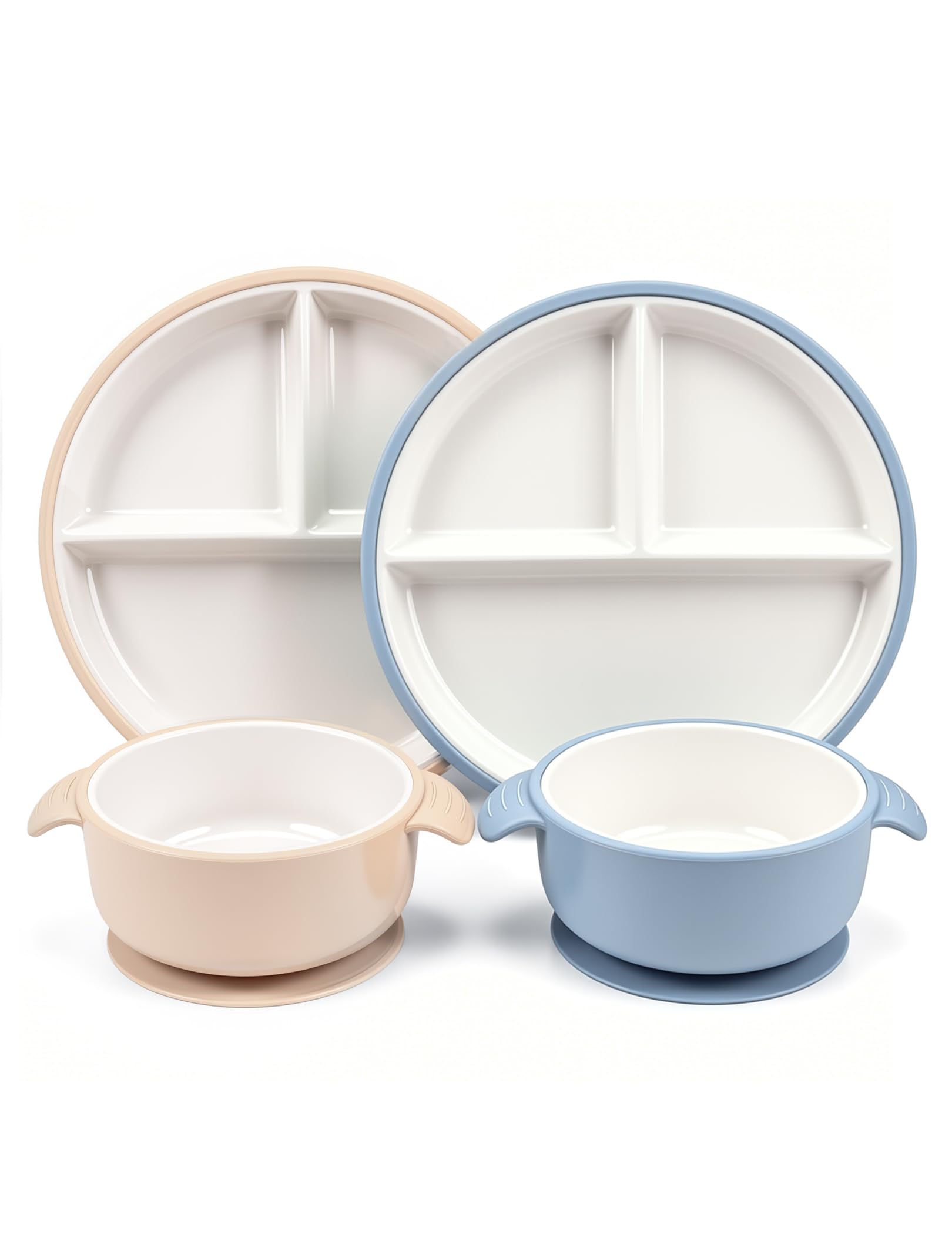 YIHURKIS Porcelain Suction Toddler Plates & Bowls Set with Silicone Suction Sleeves, BPA-Free, Microwave & Dishwasher Safe for Babies Toddlers (Blue, Beige)