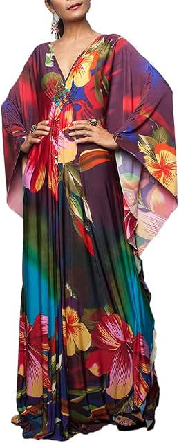 Bsubseach Women Ethnic Print Kaftan Beach Dress Plus Size Swimsuit Cover Up