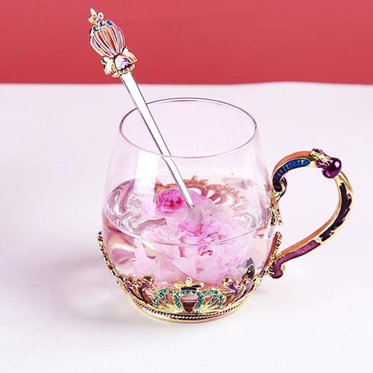 Healeved Taza de Té de Cristal Esmaltado Pequeña con Cuchara, Resistente al Frío y Calor, Ergonómica para Uso Doméstico y Oficina, Juego Sencillo con Diseño Funcional Color Aleatorio