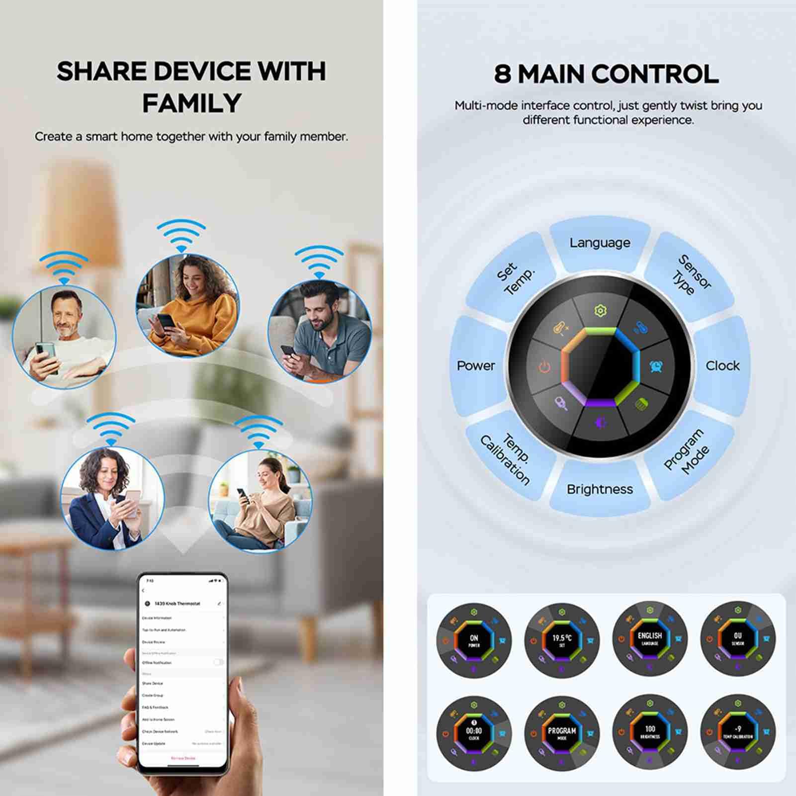 Termostato inteligente con control de temperatura WiFi con pantalla de 1,35 pulgadas para el hogar, 7 luces de ambiente, compatible con calefacción de agua, suelo radiante, caldera de gas