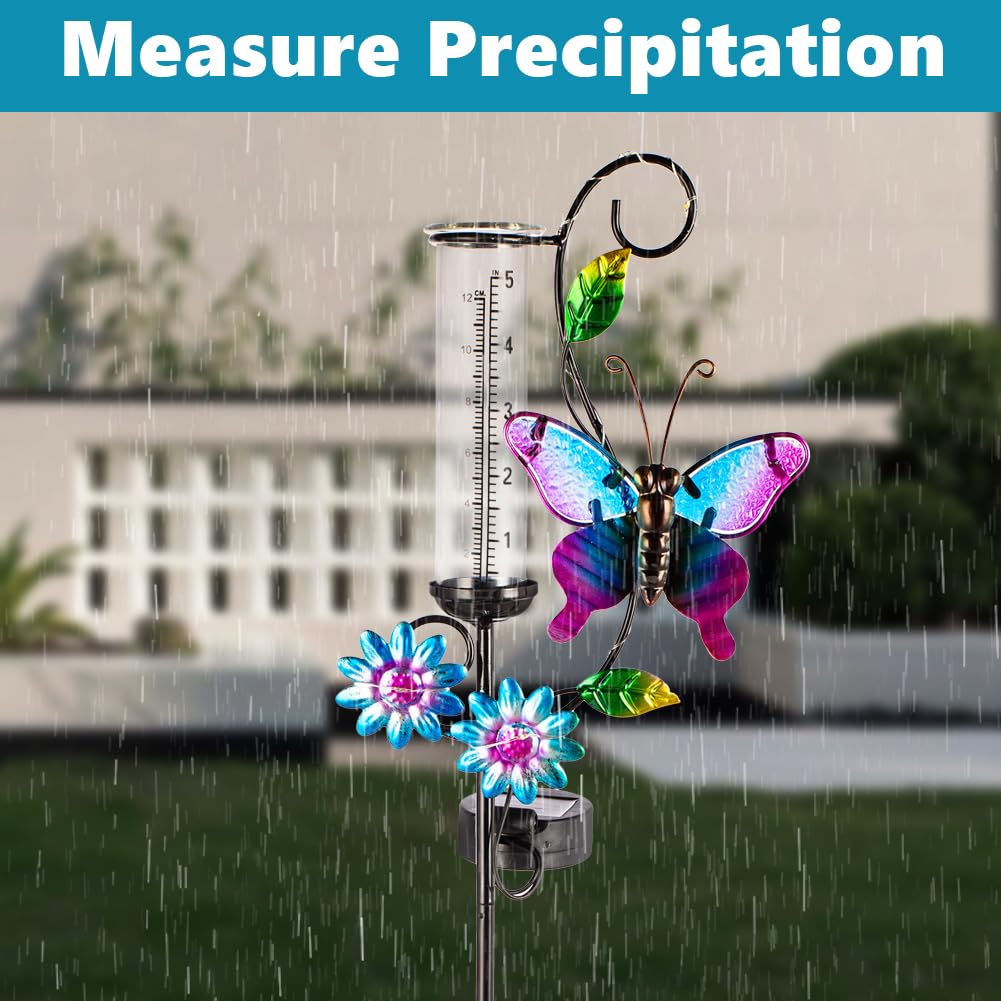 Schmetterlings-Regenmesser mit 12,7 cm Glasrohr, Solar-Regenmesser mit LED-Lichtern, Regenwassermessgerät Dekor für Terrasse, Garten, Hof, Messung von Niederschlag